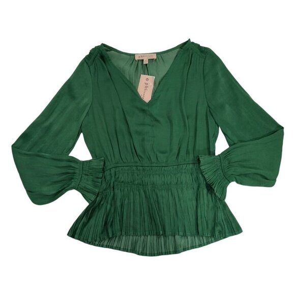 Philosophy Republic Green Pleated Waist Long-Sleeve Blouse XS 100% Polyester. - Picture 5 of 8